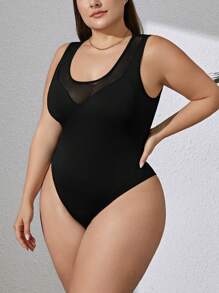 SHEIN Essnce 大码女式夏季新款时尚休闲优雅通勤拼接镂空透视网眼黑色上衣黑色连体紧身衣 - 黑色 - 查看 7