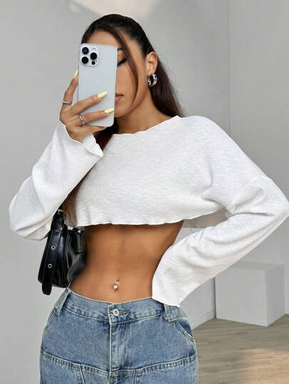 SHEIN EZwear 性感竹節瘦身透氣短袖防曬T恤，適用於春夏