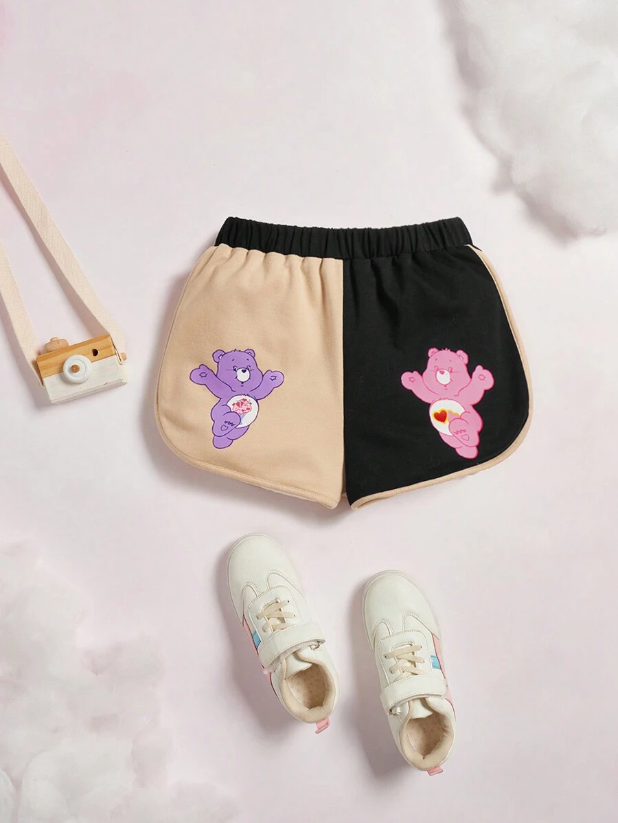SHEIN X Care Bears 少女動漫熊圖案兩色海豚短褲 - 黑與白 - 查看 1