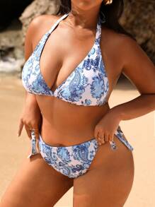 SHEIN Swim Curve Plus Size Nữ Tối Giản & Phong Cách Bộ Bikini Hai Mảnh Có Họa Tiết Paisley Dây Cổ Cho Kỳ Nghỉ Đi Biển Đi Biển Mùa Hè - Nhiều màu - Xem 3