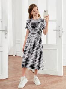 SHEIN Tween Girl Loose Casual cổ tròn áo thun eo đàn hồi Midi Dress - Màu xanh lam - Xem 3