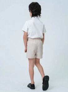 Young Boy Gentleman Color Block Button-Down Short Sleeve Shirt With Shorts Set - Apricot - View 2