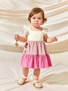 Cozy Pixies Baby Girl Square Neck Short Sleeve Colorblock Patchwork Dress