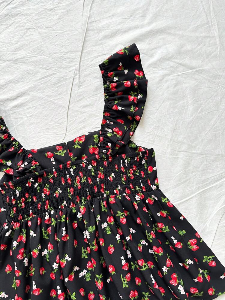 Vacation Strawberry Print Cap Sleeve Blouse