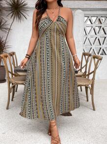 SHEIN Holidaya Plus Size Nữ Mùa Hè In Hoa Phong Cách Kỳ Nghỉ Đầm Xẻ Dài Bên Hông - màu xanh lá - Xem 3