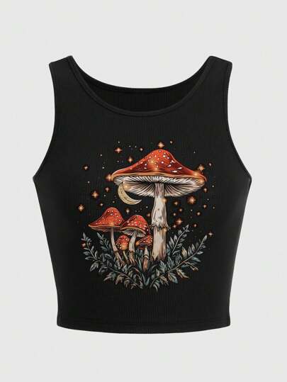 Fairycore Fairy Mushroom Printed Slim-Fit Cropped Tank Top With Ribbed Waist