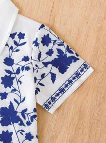 SHEIN Playful Pals 2pcs Baby Boy Vintage  Geometric Pattern Printed Casual Shirt And Shorts Set With Turn-Down Collar For Spring And Summer - Blue and White - View 3