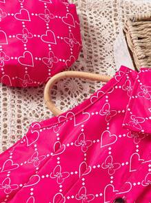 SHEIN 嬰兒女孩全心印花單排扣褶皺連帽連衣裙 - 玫紅色 - 查看 4