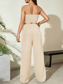 Flirla 女款夏季寬鬆休閒2件套裝：短款letter印花背心上衣和寬腳打褶褲 - 杏色 - 查看 2