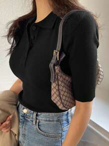 DAZY Parte superior de punto de cuello de polo con mangas cortas y media abertura, de verano, para mujer