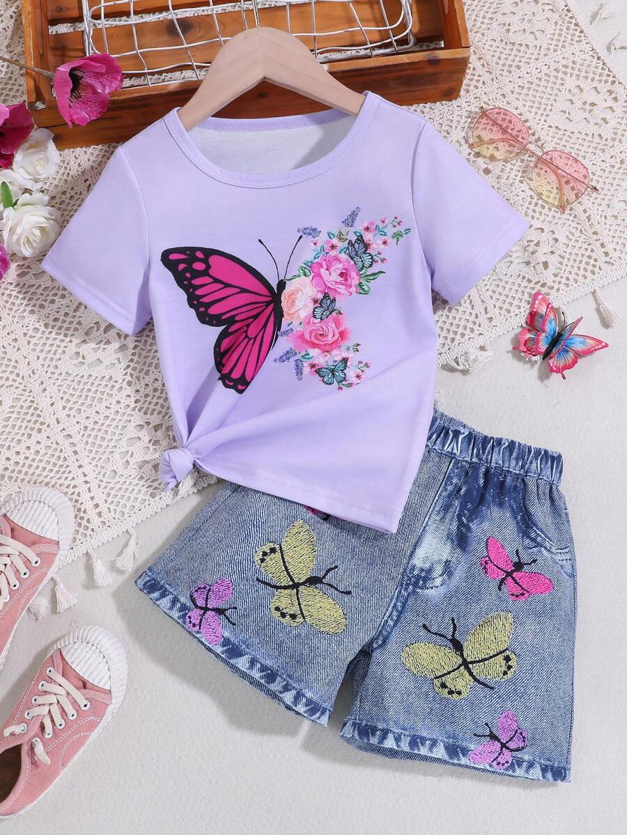 SHEIN Conjunto de playera casual de manga corta con estampado de mariposa y shorts de efecto de mezclilla para niñas jóvenes para primavera/verano