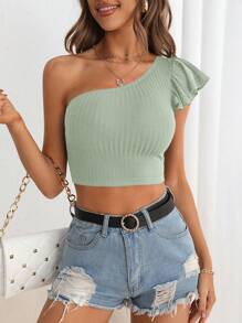 SHEIN Privé Top de primavera verano para mujer con un hombro, de un solo color y con volante en el dobladillo - Verde - Ver 3