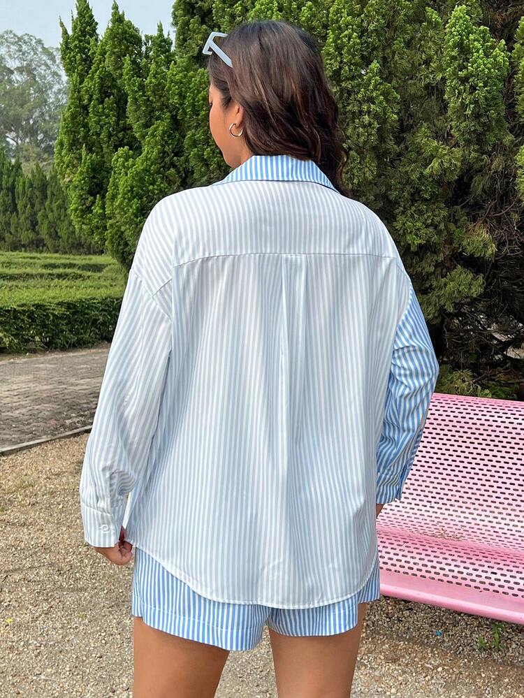 Plus Size Summer Casual Stripe Shirt And Shorts Set