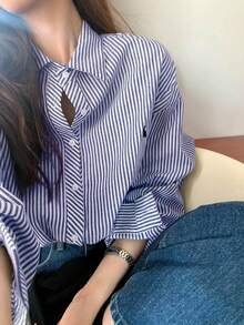 春季兔子刺绣条纹长袖休闲女式衬衫，夏季服装