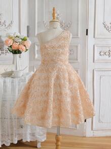 SHEIN Floral Embroidery One Shoulder Flower Girl Dress For Weddings, Celebrations & Parties, Suitable For Tween Girls - Apricot - View 2