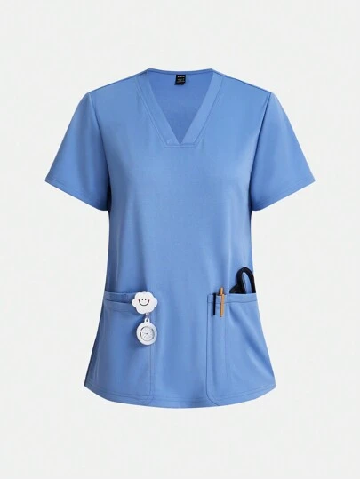 TaskEZ Áo đồng phục bảo hộ lao động co giãn mềm mại cổ chữ V 3 túi mùa hè cho nữ