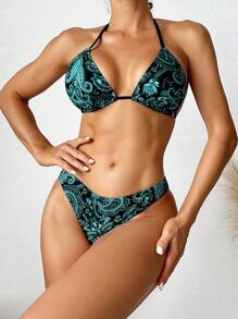 SHEIN Swim Summer Women Sexy Paisley Print Halter Neck Tie Backless Bikini Set