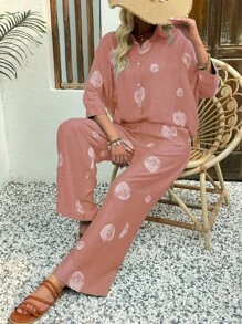 Floral Print Oversized Shirt & Pants Sets Women Pink 2 Pieces Vacation Set