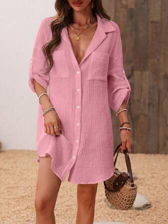 EMERY ROSE Solid Color Button Front Belted Dress With Pockets And Rolled Sleeves