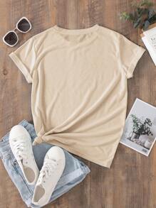 SHEIN LUNE Casual Minimalist "Teacher" Grafisch Ronde Hals Korte Mouw Getailleerd T-shirt, Geschikt Voor De Zomer, Katoenmix