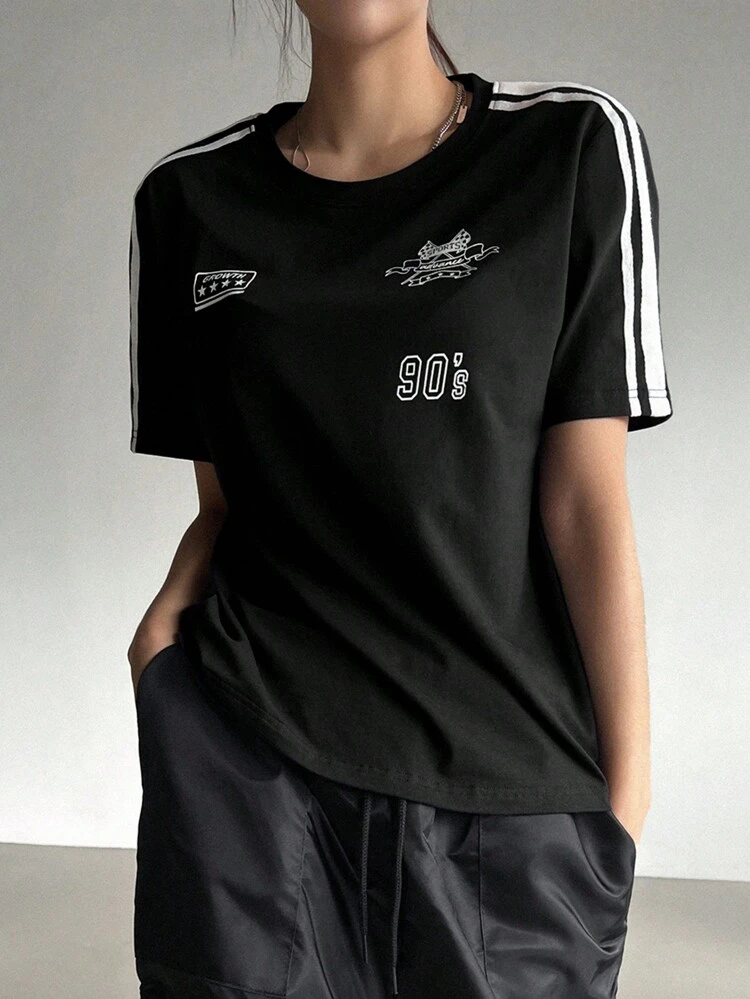 Motorcycle Style Printed Short Sleeve T-Shirt With Color Block Stripes Decoration,Fall Clothes