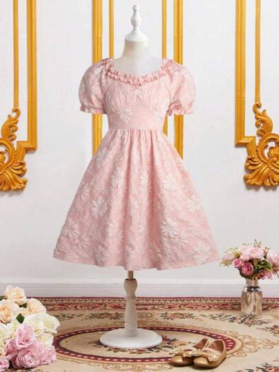 補間女孩甜美花朵圖案泡泡袖高腰 A 字連身裙