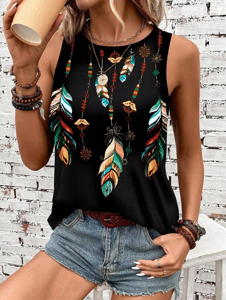 EMERY ROSE Feather Print Summer Matching Women Camisole Top - Black - View 1