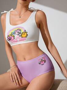 Mr Men Little Miss X SHEIN Women Knitted Leisure Cartoon And Letter Printed Shoulder Bow Detail Bikini Set, Summer