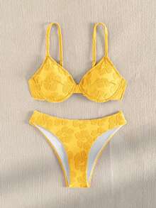 SHEIN Swim 女士假期用花朵深色條紋簡約時尚比基尼套裝 - 藍色 - 查看 3