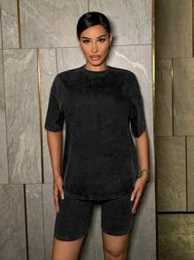 SHEIN SXY Women Summer Solid Color Round Neck Drop Shoulder Short Sleeve T-Shirt And Shorts Casual Loose Two-Piece Set