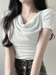 DAZY 女士纯色修身收褶领 T 恤设计夏季