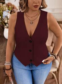 Calvaya Blazer Ukuran Plus Asimetris Plain Casual - Burgundy - View 1