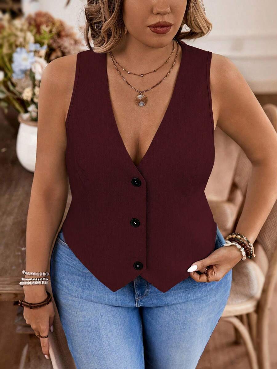 Calvaya Blazer Ukuran Plus Asimetris Plain Casual - Burgundy - View 1