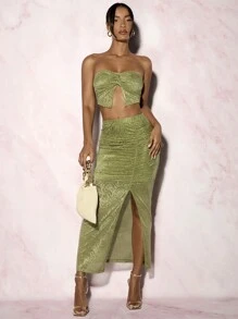 Glamine Áo crop top hoa Jacquard thiết kế thắt nút & xếp ly, Bộ váy xẻ cao cho nữ - màu xanh lá - Xem 4