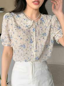 DAZY Peter Pan Collar Floral Bubble Short Sleeve Textured Shirt Summer