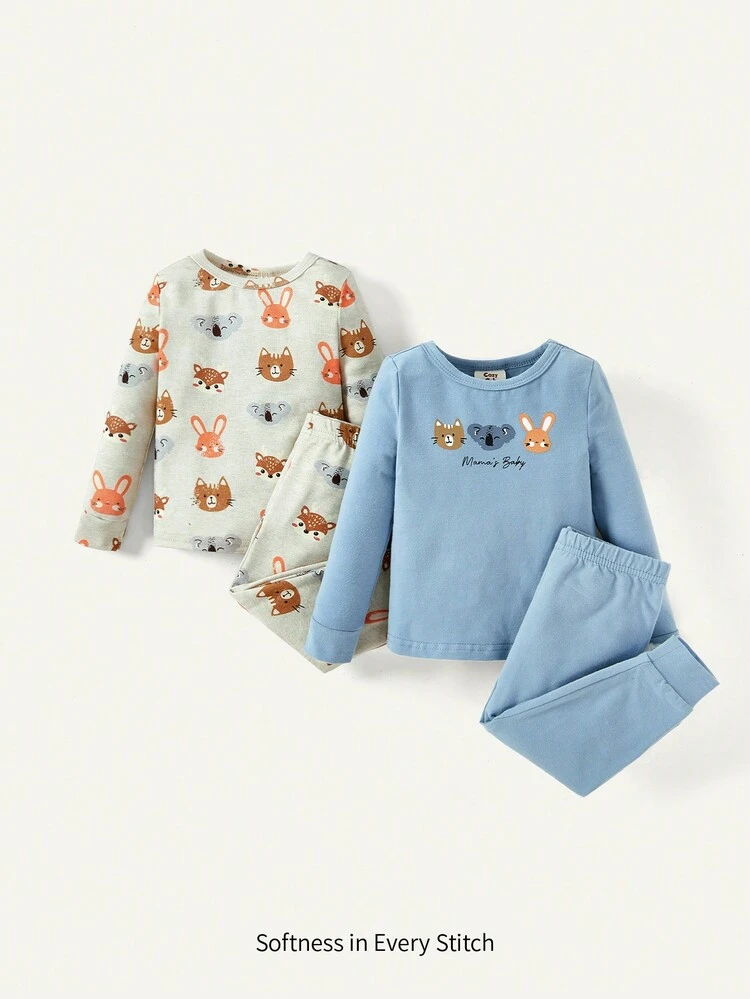 4pcs Baby Girl Snug Fit Adorable Animal Pattern Round Neck Top And Long Pants Pajama Set Matching Set