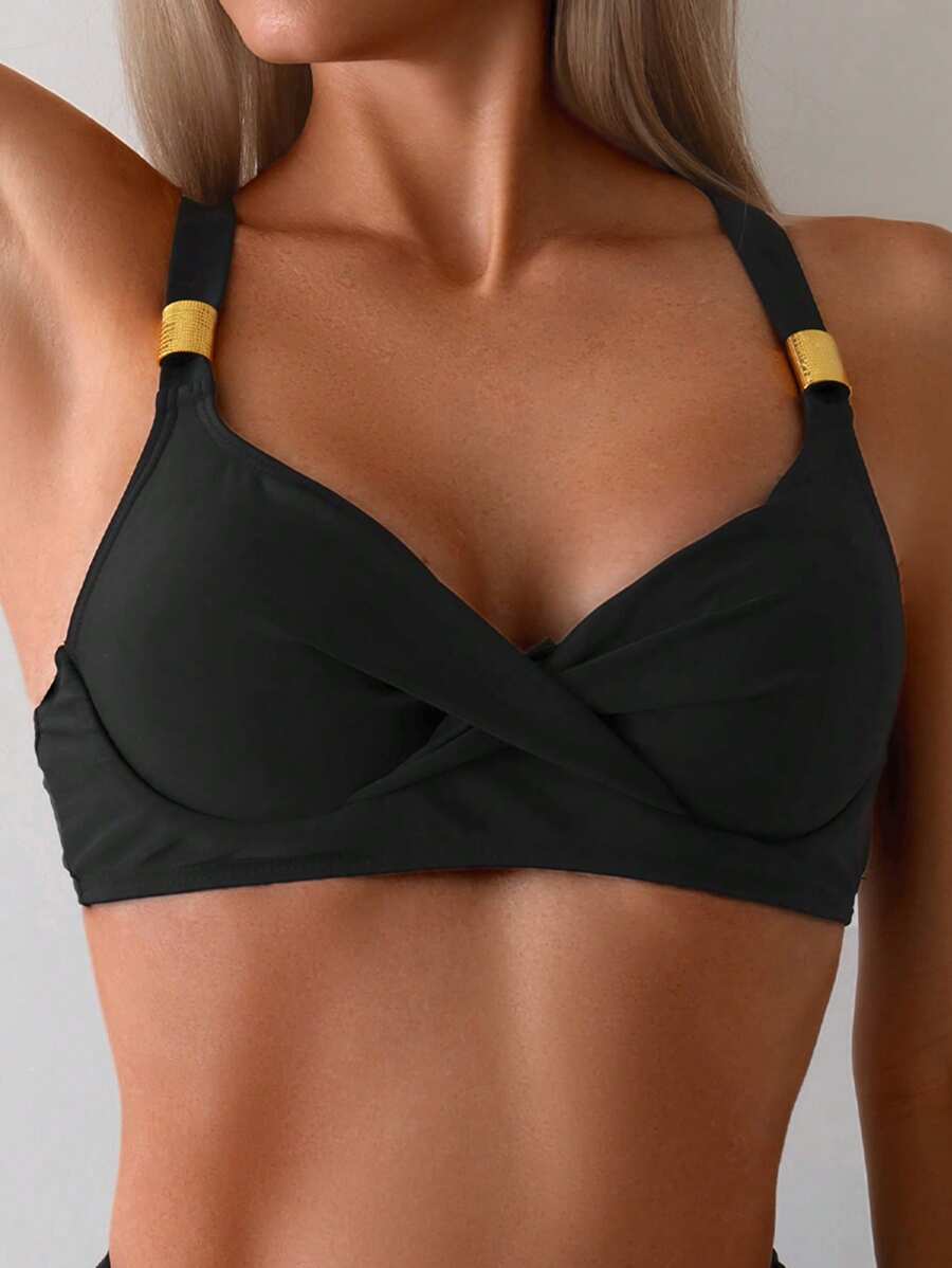 SHEIN Swim 女士纯色简约泳衣上衣，夏季海滩 - 黑色 - 查看 1