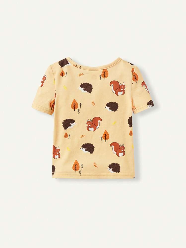 Baby Girl Snug Fit Cartoon Pattern Round Neck Short Sleeve Top And Pants Set