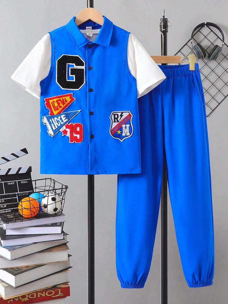 3pcs Tween Boys' Blue Patch Decor Sleeveless Top, Short-Sleeved T-Shirt And Pants Set