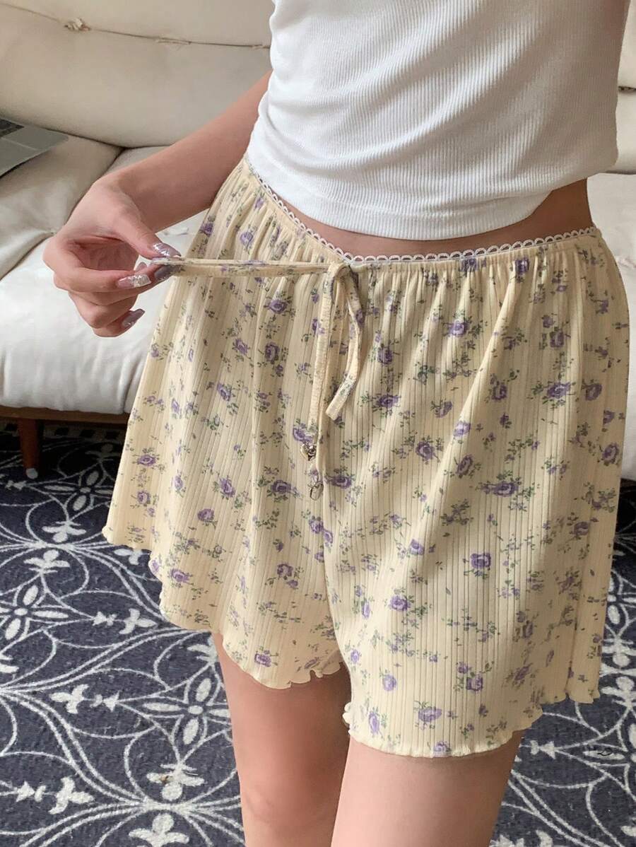 DAZY 针织花卉睡裤 睡裤 - 米色 - 查看 1