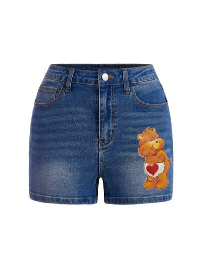 SHEIN X Care Bears Pantalones cortos de mezclilla estampados de oso con dibujos animados casuales para mujeres para el verano