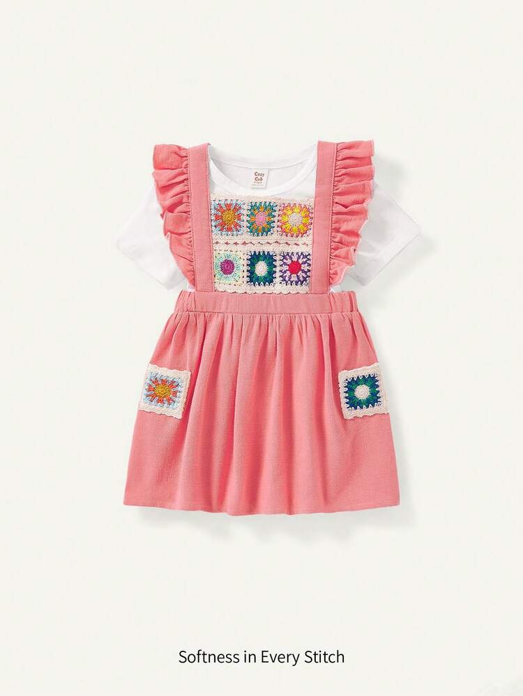 Baby Girl Casual Solid Color Round Neck Short Sleeve T-Shirt With Crochet Patchwork Ruffle Strap Dress Two Pieces Set