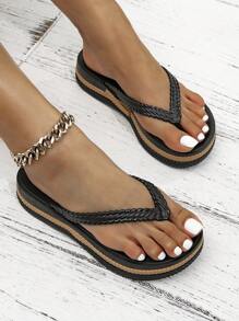 Women's Thick Heel Comfortable Contrast Color Plastic Flip Flops (Shoes Run Small, Please Order One Size Up) - Black - View 3