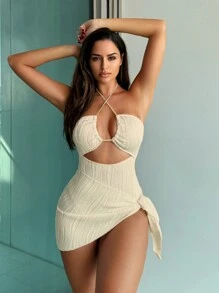SHEIN Swim Bãi Biển Mùa Hè Kỳ Nghỉ Màu Trơn Họa Tiết Khoét Hở Dây Cổ Đồ Bơi Một Mảnh Có Che Đậy Bộ 2 Món - Màu be - Xem 7