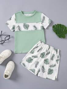 SHEIN 夏季青少女休閒拼色短袖短褲睡衣套裝 - 綠色 - 查看 5