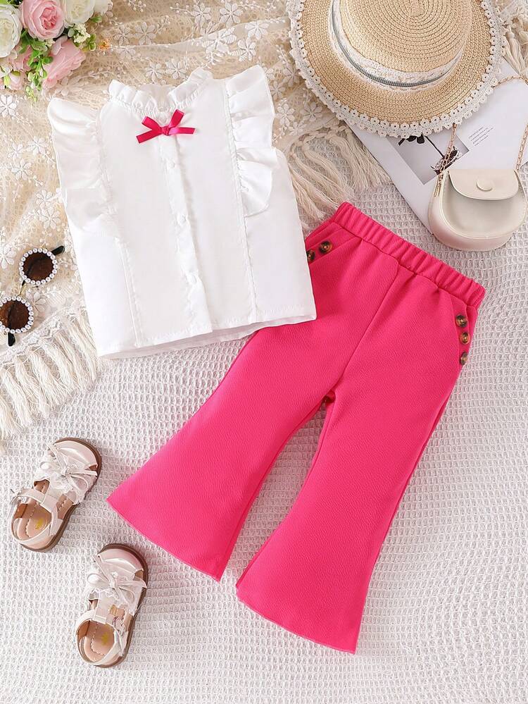 Baby Girl Summer Bow Detail Bow Decoration Stand Collar Shirt And Flared Pants Cute Outfits