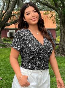CovetEZ Plus Size Nữ Mùa Hè Cổ Chữ V Tay Ngắn Họa Tiết Kỳ Nghỉ Áo Sơ Mi Phong Cách - màu đen - Xem 4