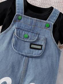 Babymeisje zomer effen kleur T-shirt met ronde hals, korte mouwen en jarretelles met hartjesprint Casual outfit