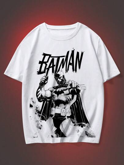 Batman X ROMWE Herren T-Shirt mit Cartoon Buchstaben Muster, Schule