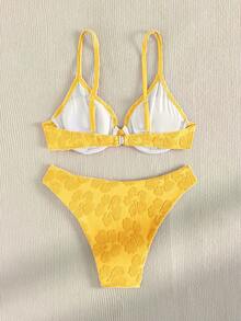 SHEIN Swim 女士假期用花朵深色條紋簡約時尚比基尼套裝 - 藍色 - 查看 2